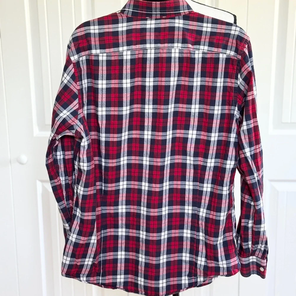 Banana Republic Slim Fit Plaid Shirt Mens Large L Red Navy White Button Down LS
